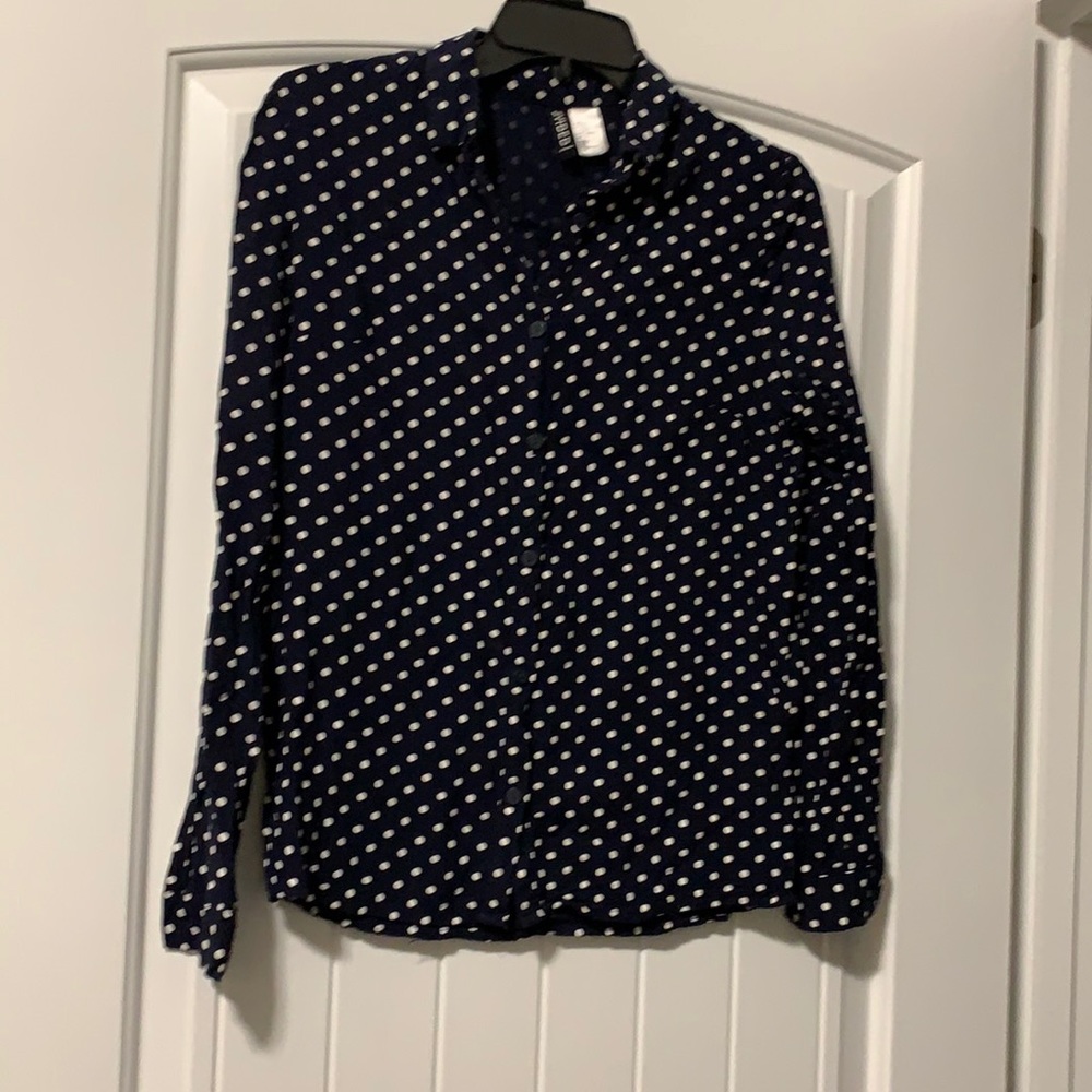 128) Divided Navy Polka Dot White Blouse, Size 2